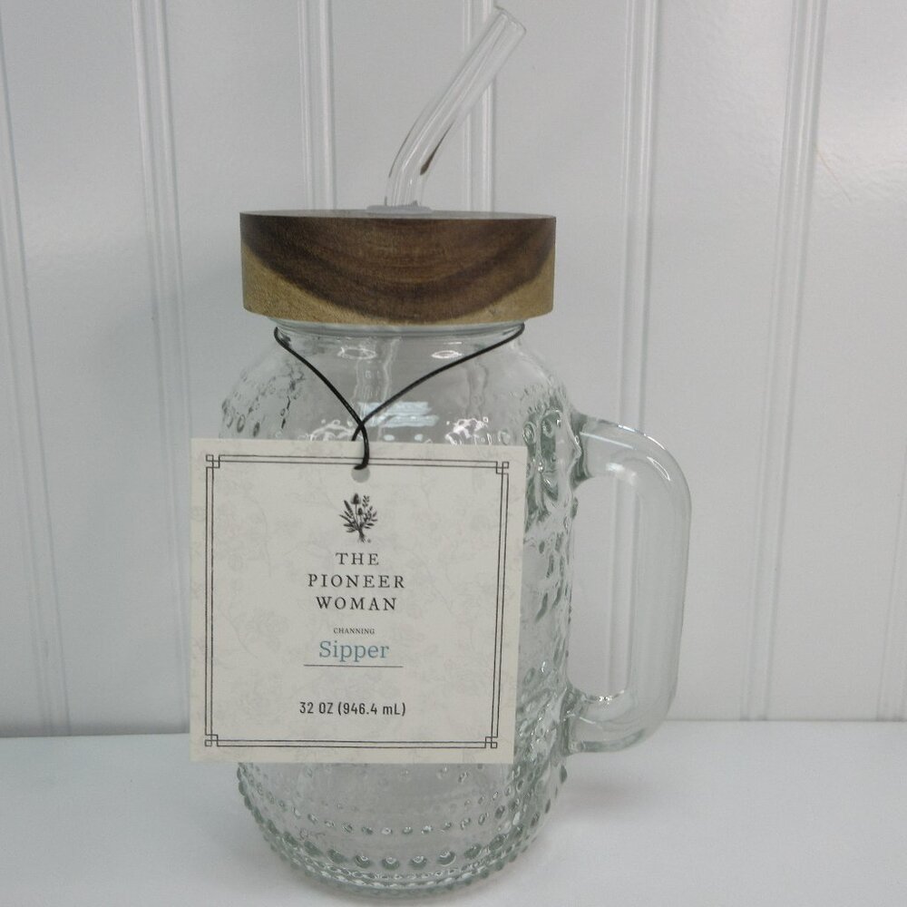 Pioneer Woman Channing Embossed Glass Tumbler Sipper Wood Lid & Straw Clear 32oz